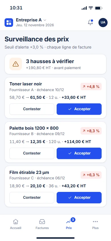 Vue mobile Laboxia Facture-In : hausses de prix à vérifier avant paiement, article par article.