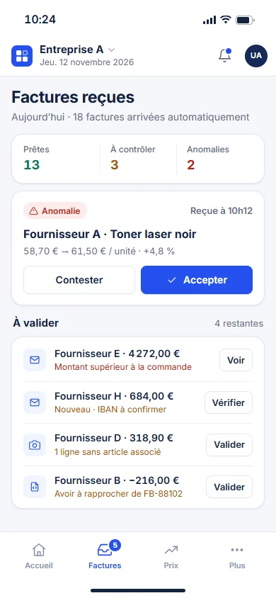 Vue mobile Laboxia Facture-In : factures reçues du jour, anomalie à traiter et validation rapide.