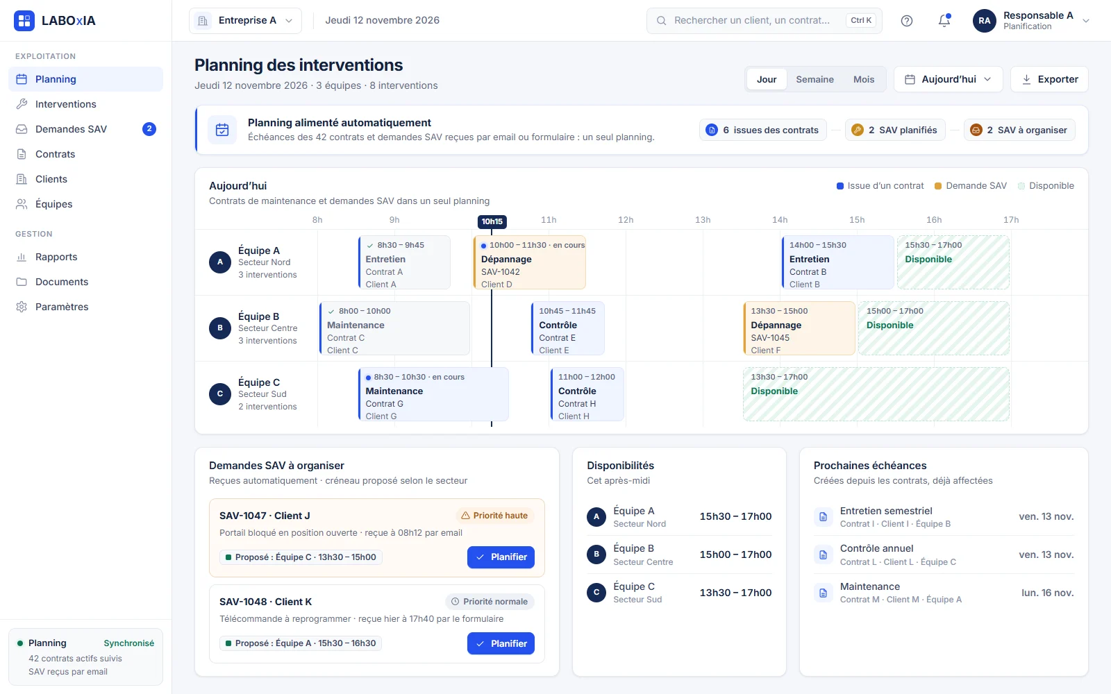 Interface LABOxIA de planning des interventions d’une entreprise de maintenance anonymisée : trois équipes, interventions issues des contrats et demandes SAV, disponibilités.